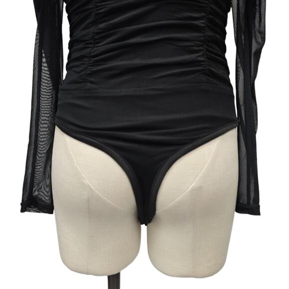 NWT Bebe Black Ruched Long Puff Sleeve Sheer Mesh Bodysuit Womens Size Small - Picture 10 of 13
